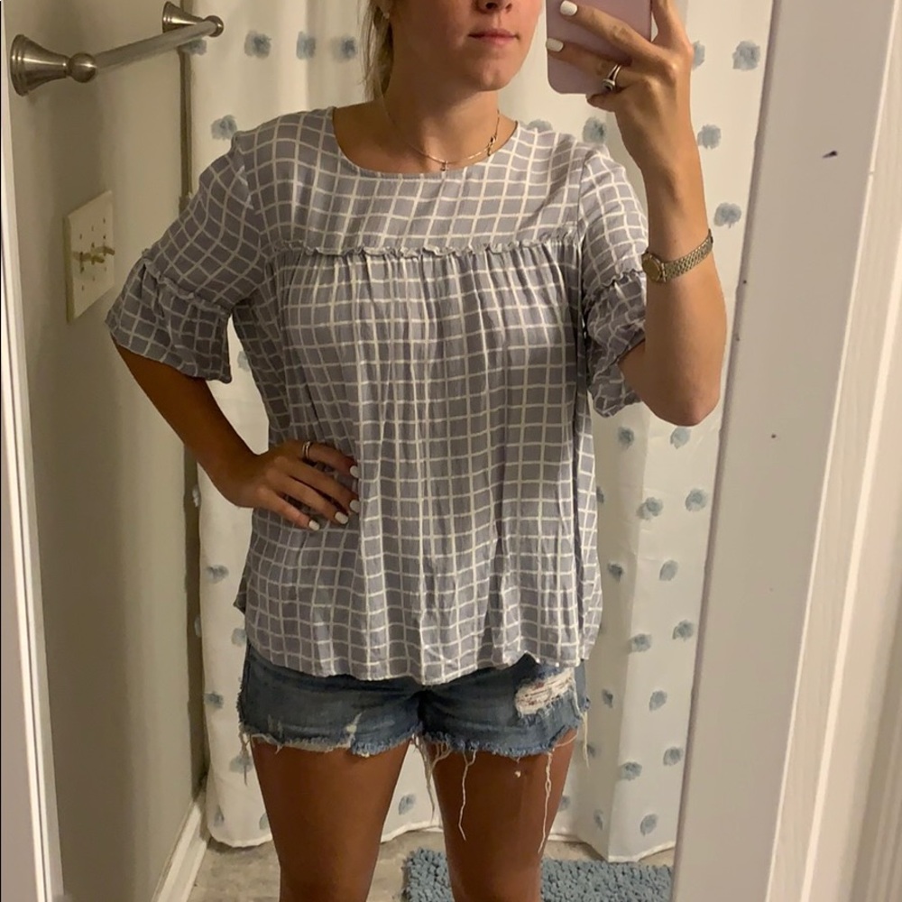 Blue and White Square Pattern Ruffle Blouse